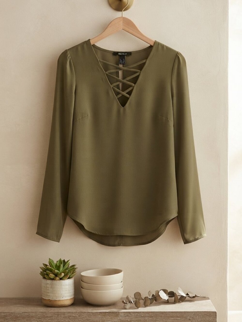 Forever 21 Olive Green Crisscross Lace Up Blouse Women's Small Long Sleeve Boho